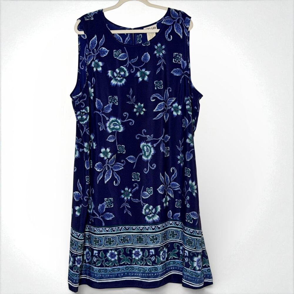 Vintage 90s Niki Lee Floral Midi Shift Dress Blue Sleeveless Tank Plus Size 24